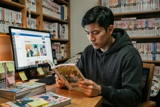 Jeune homme lisant un manga sur un site de scan en ligne, entouré de volumes de mangas sur son bureau