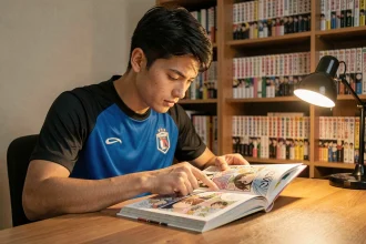 Jeune homme lisant un manga Blue Lock à son bureau, entouré de volumes de mangas japonais
