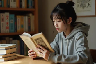 Jeune femme lisant un manga imprimé à son bureau, entourée d'étagères remplies de volumes manga