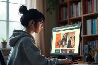 Jeune femme lisant un chapitre de manga sur un site de scan comme Sushi Scan depuis son bureau à domicile