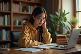 Jeune femme lisant des mangas yaoi sur son bureau avec un ordinateur portable, entourée de volumes en japonais et de livres de bande dessinée