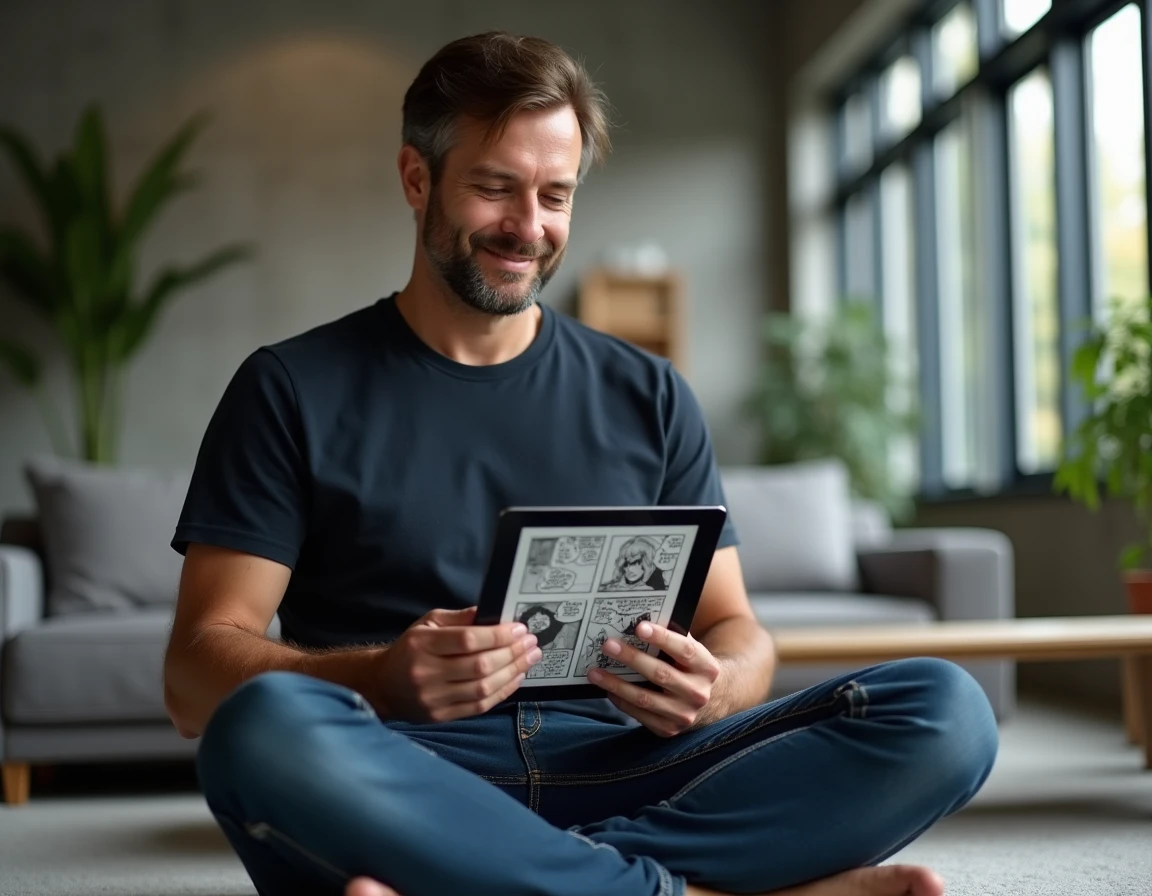 Homme lisant des scans de manga sur une tablette dans un salon moderne, illustrant l'utilisation d'une plateforme comme Sushi Scan