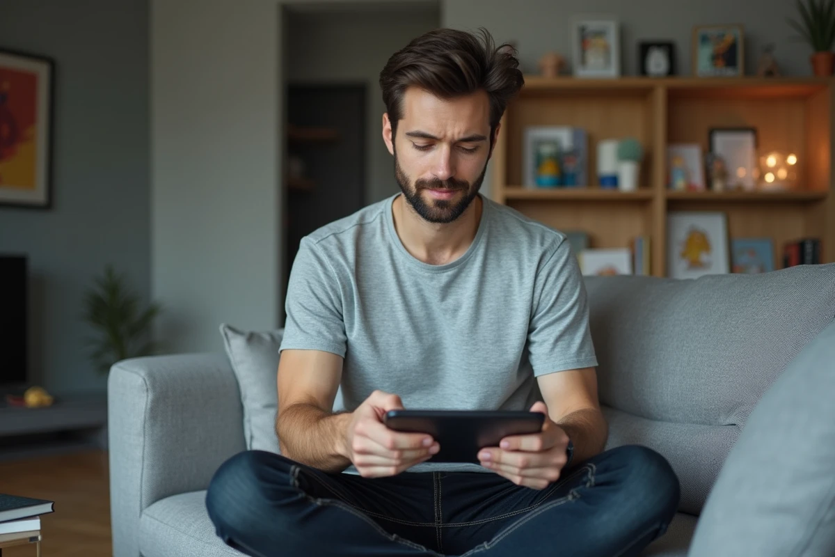 Homme adulte utilisant une tablette pour lire des scans de manga yaoi en version intégrale dans un salon moderne et minimaliste