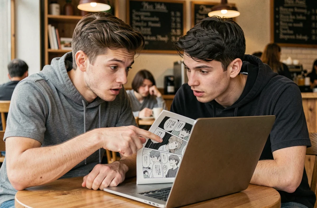 Deux jeunes hommes lisant ensemble des scans de Blue Lock en VF sur un ordinateur portable dans un café