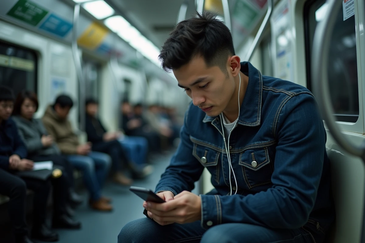 Homme lisant un webtoon sur smartphone dans le métro, illustrant la lecture numérique de manga en ligne