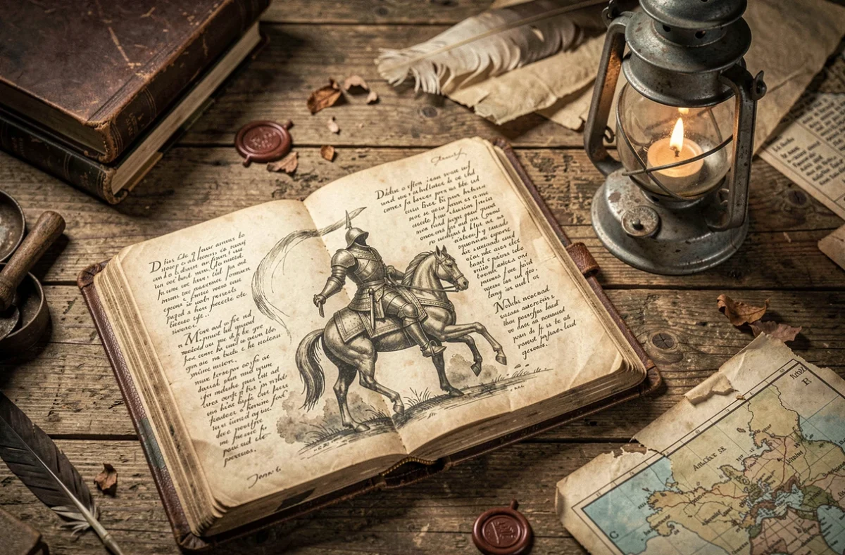 Vieux livre illustré ouvert présentant des gravures du cavalier sans tête sur une table en bois ancien