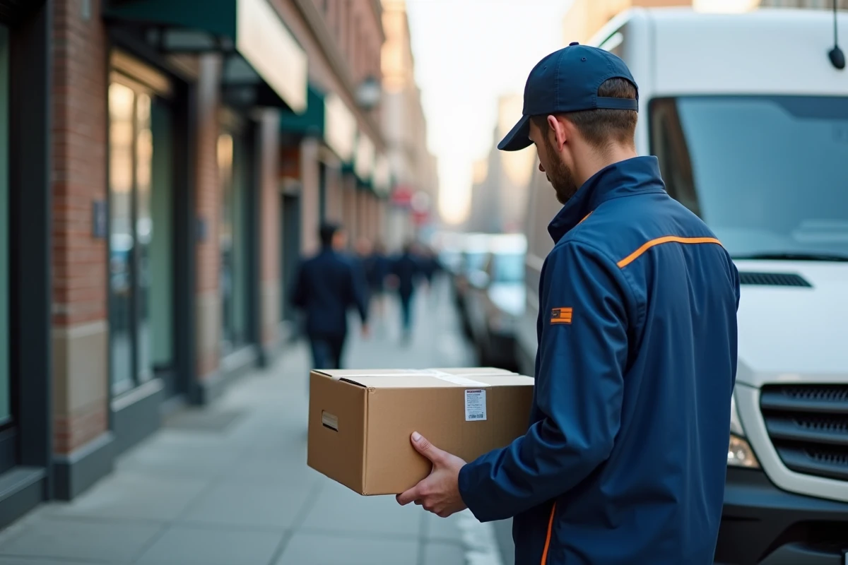 Livreur vérifiant un colis devant un van en ville