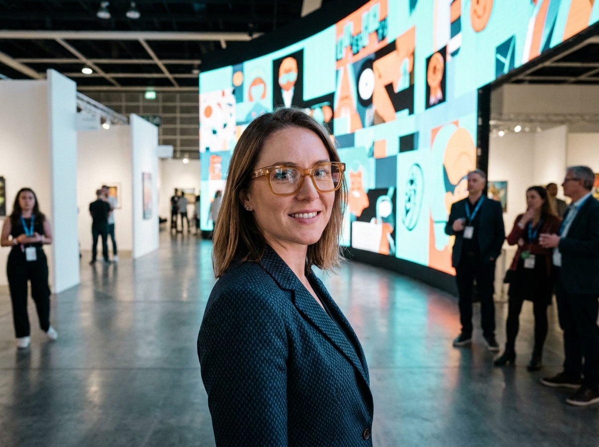 Femme avec des lunettes carrées en acétate ambré devant un mur d'écrans LED dans une exposition d'art contemporain et culture pop