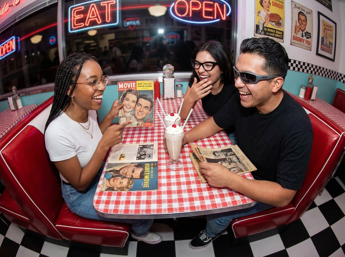 Trois amis portant des lunettes iconiques de styles différents dans un diner rétro américain entourés de magazines de cinéma vintage
