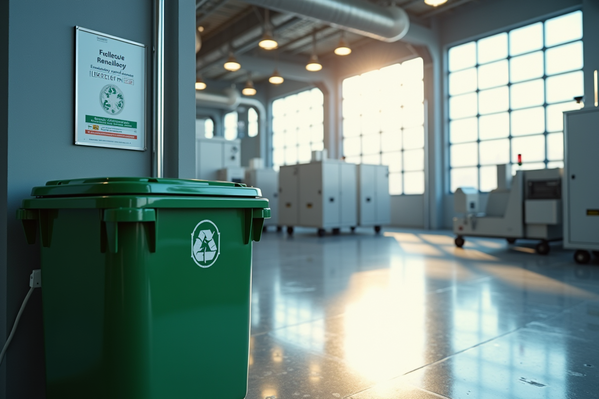 Machines de nettoyage industriel dans une grande usine avec symbole de recyclage