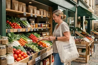 Femme faisant ses courses dans un magasin bio en Seine-Maritime, entourée de produits frais et d'épicerie biologique