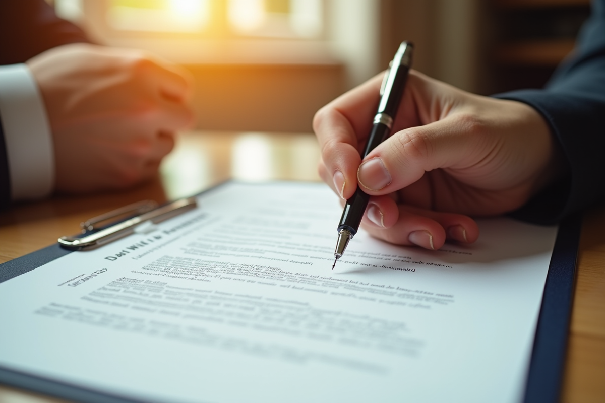 Mains échangeant une plume sur un testament dans une ambiance douce et élégante