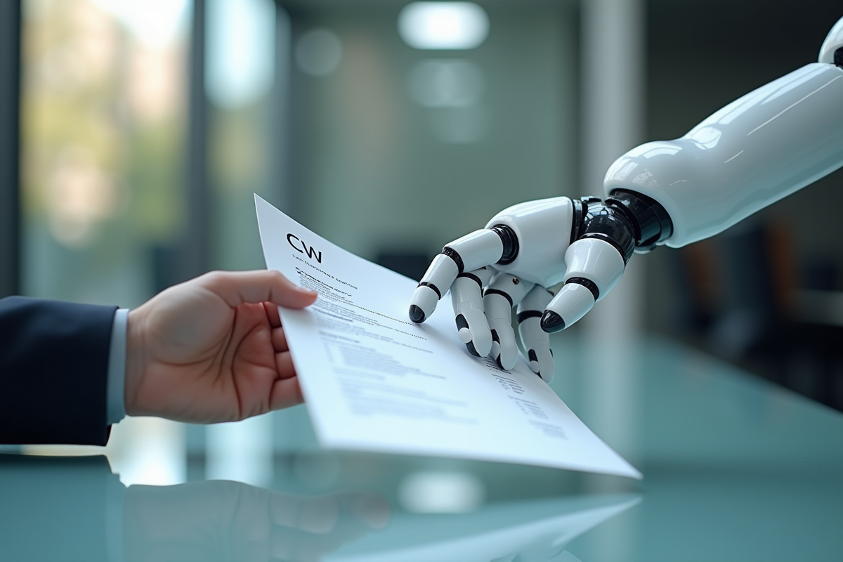 Main humaine passant un CV à une main robotique