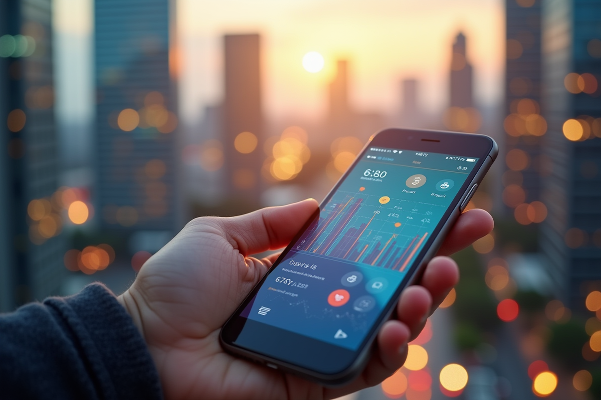 Main tenant un smartphone avec une application fintech colorée