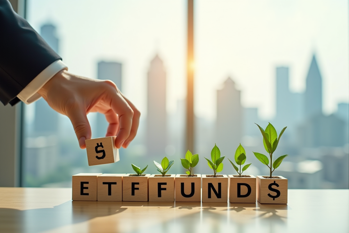 Main empilant des blocs avec des ETF et des feuilles vertes