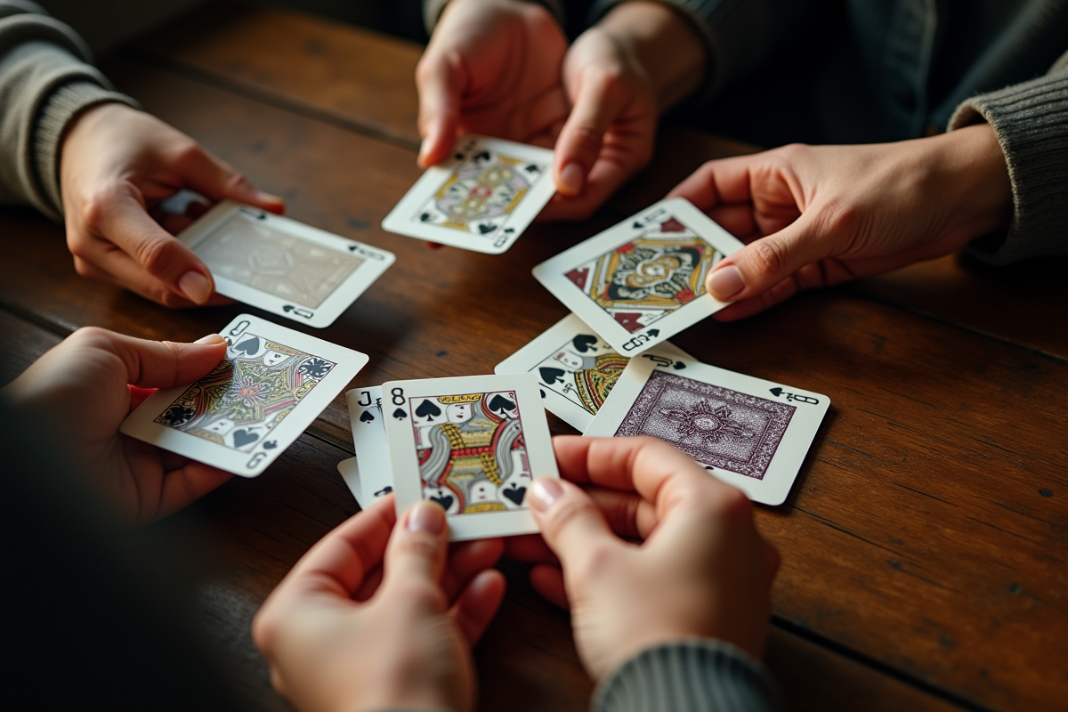 Mains tenant des cartes aux designs variés sur une table rustique