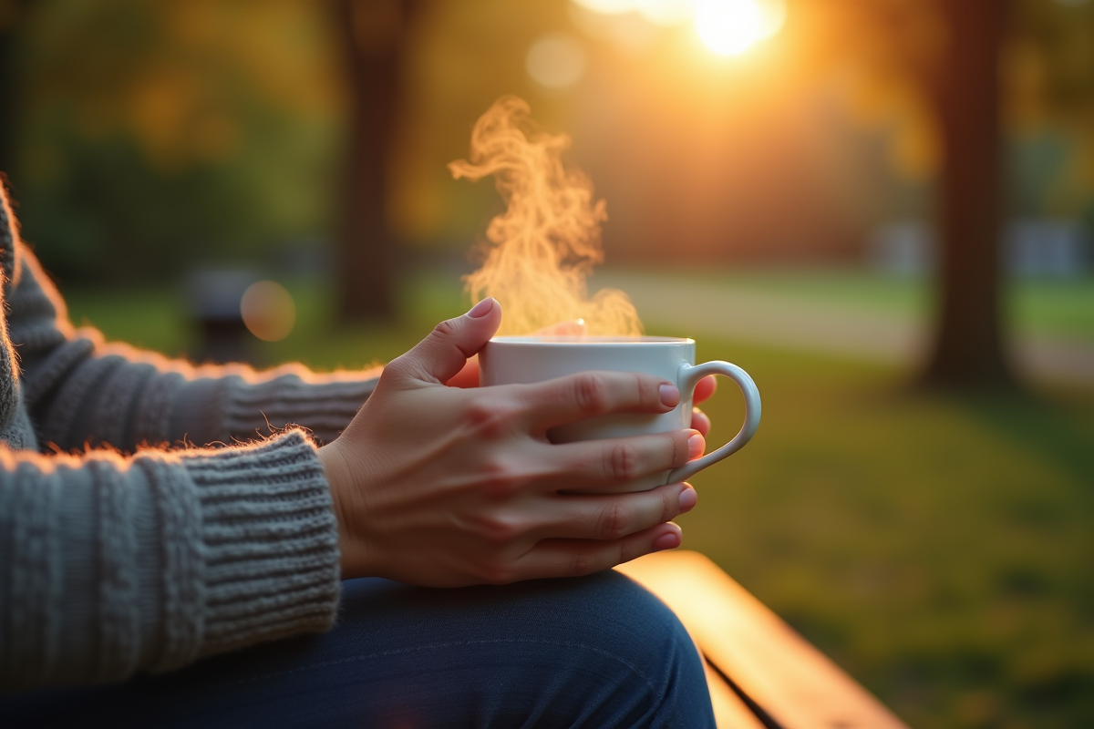 Mains tenant une tasse de thé sur un banc dans un parc ensoleille