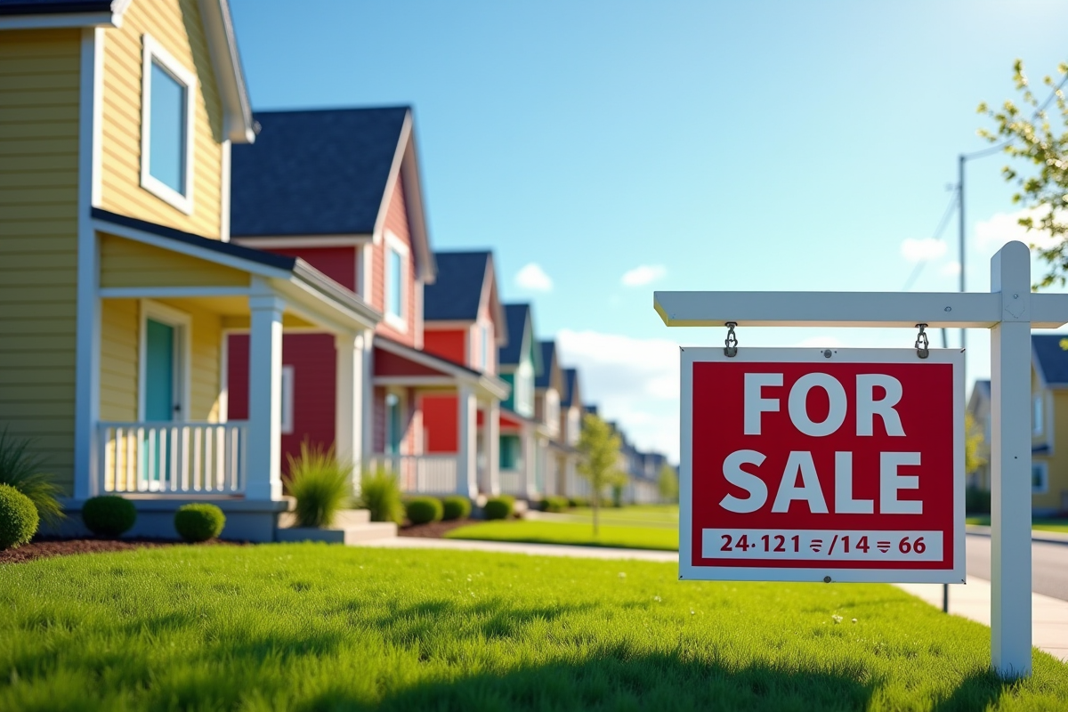 Maisons colorées avec panneau vente et taux hypothécaire affiché