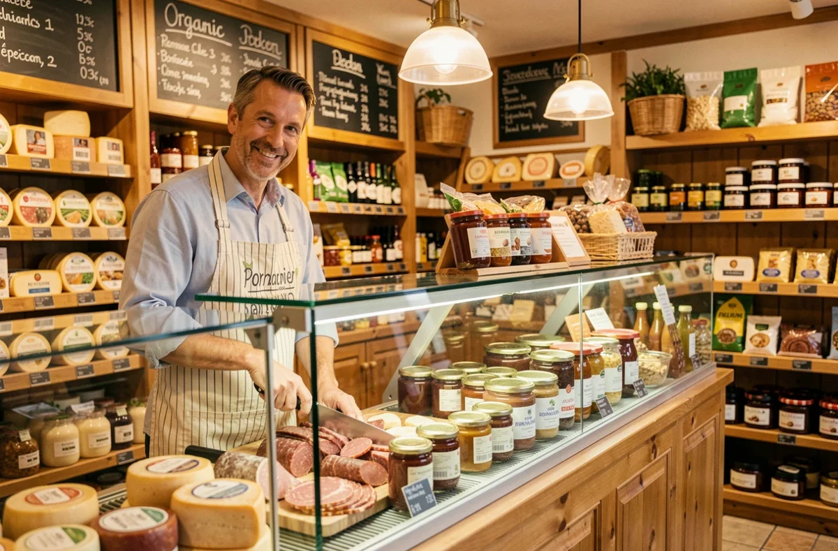 Commerçant derrière le comptoir charcuterie et fromage artisanal de la boutique Marcel et Fils à Rouen