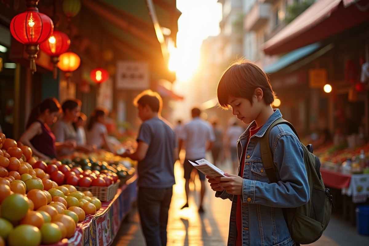 Marché asiatique animé au lever du soleil avec voyageur