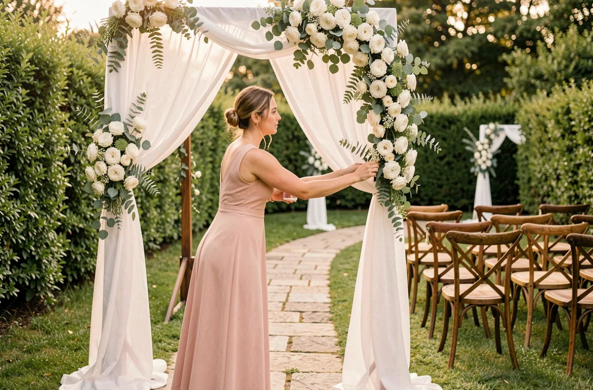 Wedding planner finalisant la décoration d'un arche florale pour un mariage organisé par Marriage Story