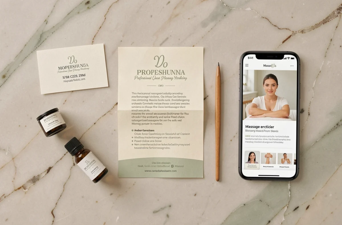 Matériaux marketing pour praticienne massage : carte de visite, flyer et profil professionnel sur smartphone en flat-lay