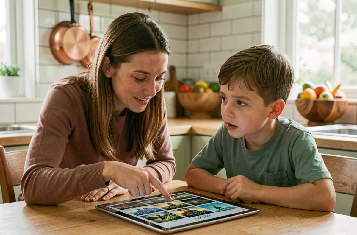 Mère et fils choisissant ensemble l'ordre de visionnage des films du Hobbit sur une tablette dans la cuisine