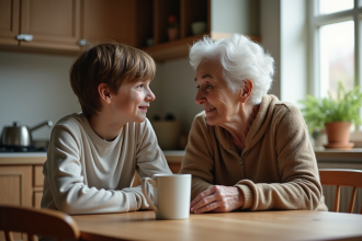 Un adolescent et sa mère âgée discutent à la cuisine
