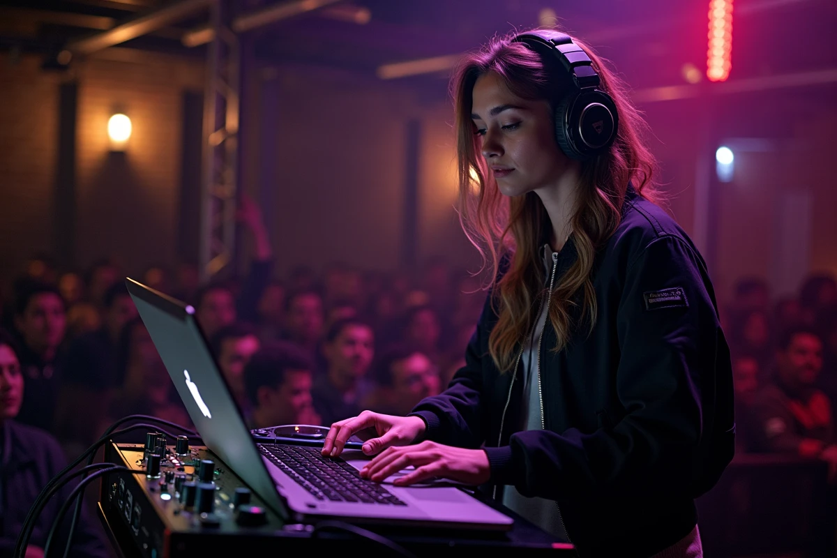 Musicienne techno en live avec synthé à Paris ambiance industrielle