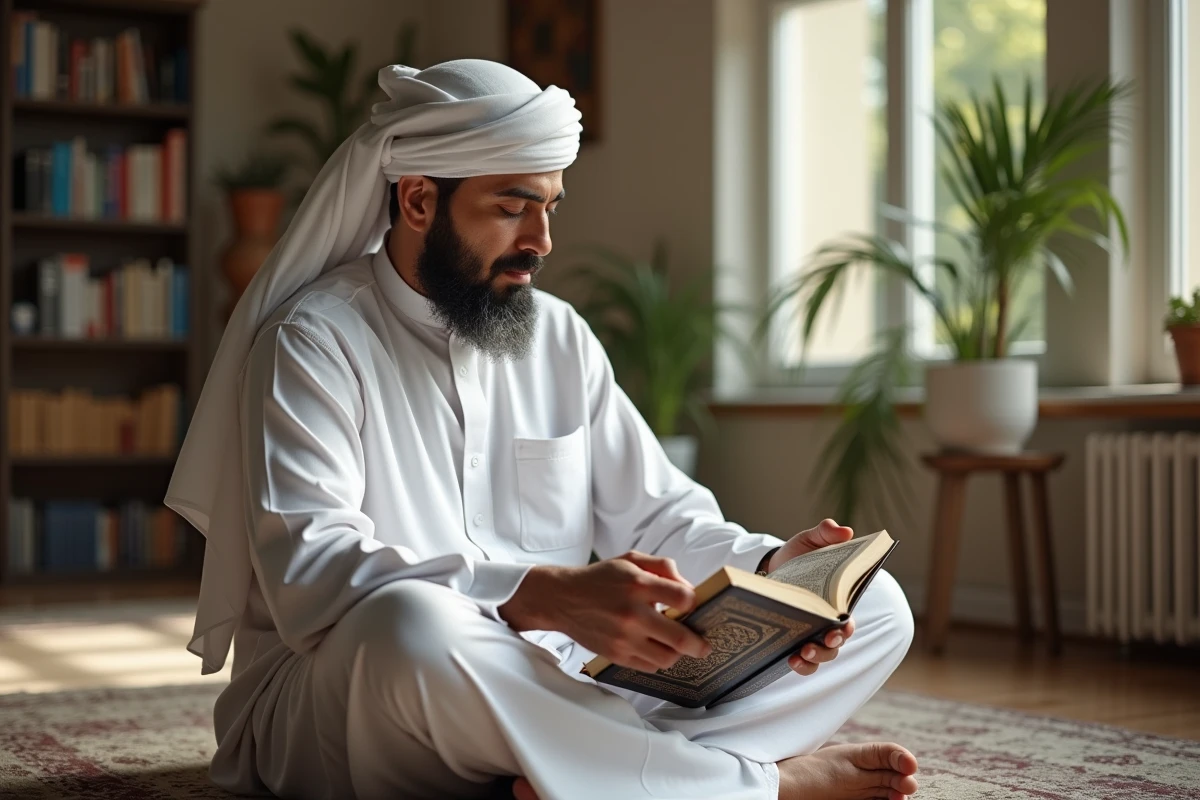 Musulman lisant le Quran dans un salon lumineux