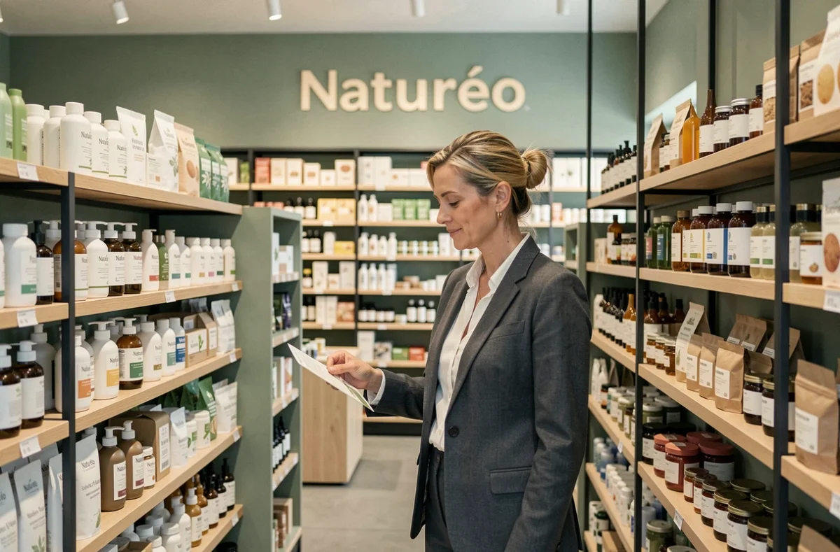 Cliente feuilletant le rayon cosmétiques bio et bien-être dans le supermarché bio Naturéo de Rouen