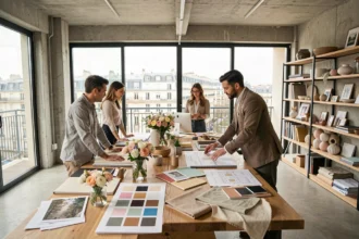 Équipe d'organisateurs d'événements professionnels travaillant dans un bureau moderne des Hauts-de-Seine