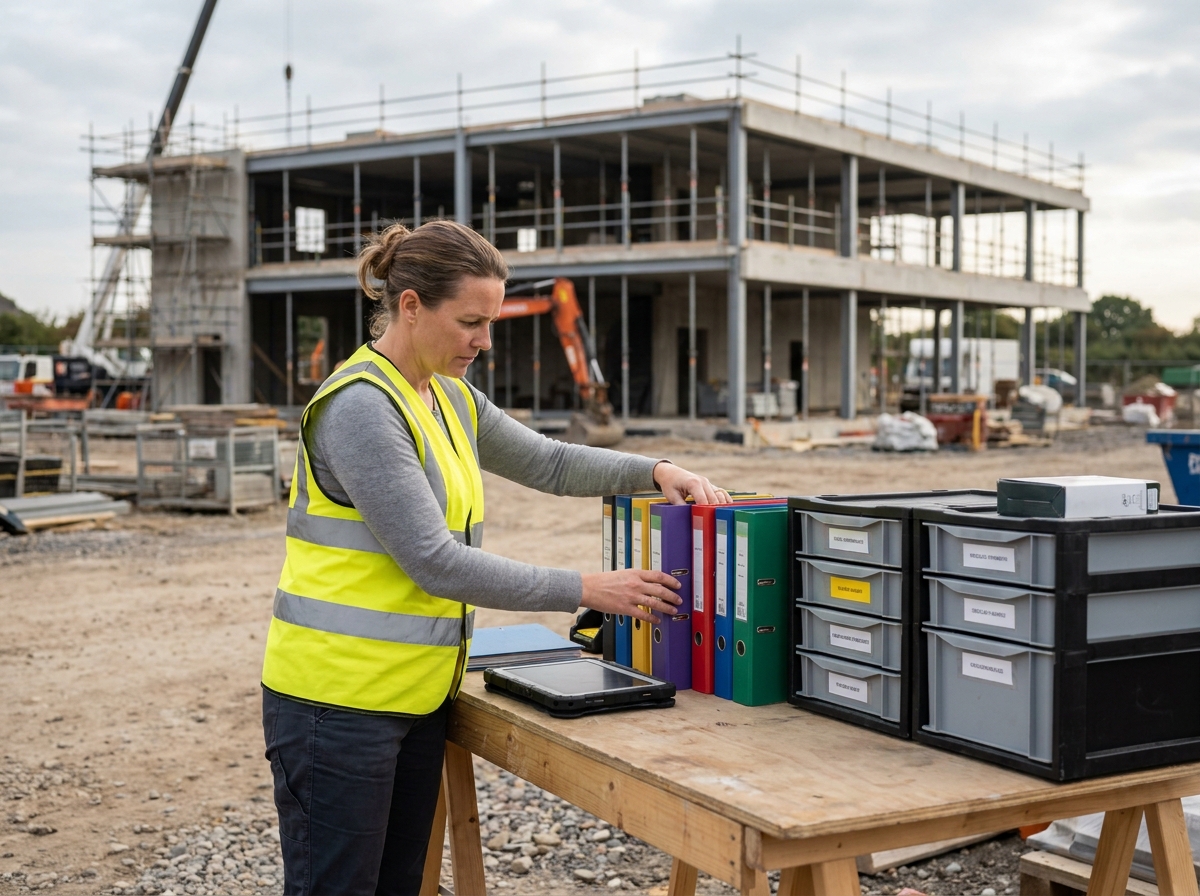 Cheffe de chantier organisant ses outils et documents sur une table modulaire en extérieur