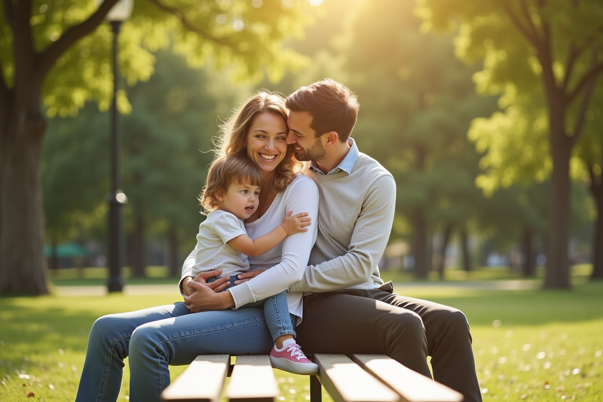Parent et enfant assis sur un banc dans un parc ensoleille
