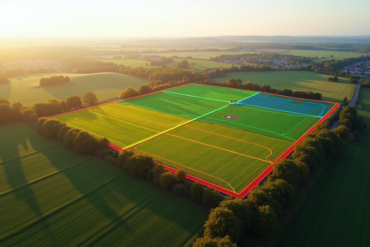 Paysage rural avec lignes de zonage agricoles et forêts
