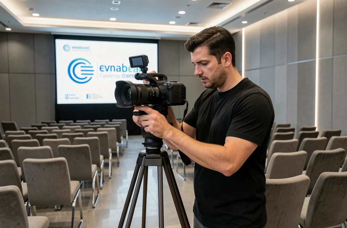 Technicien audiovisuel réglant une caméra professionnelle lors d'une conférence gérée par Ph-Attention