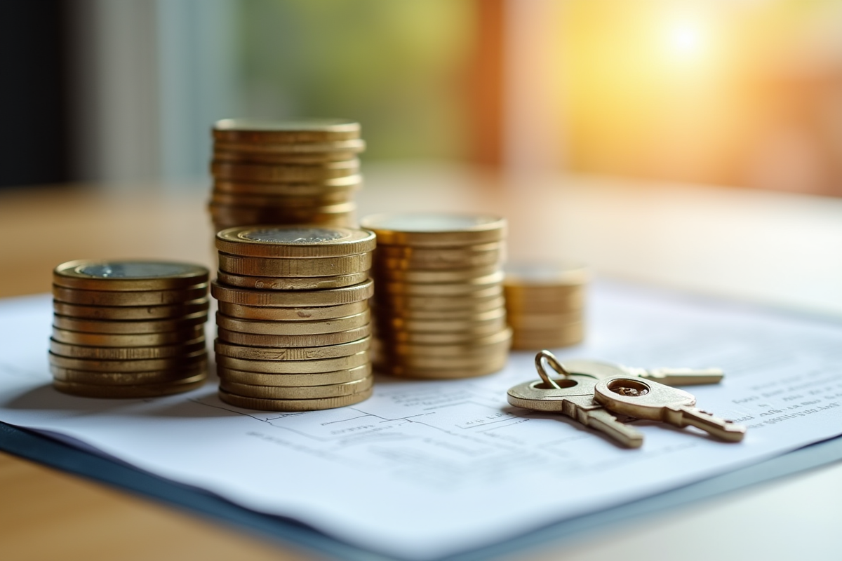 Pièces d euro et clés de propriété sur un contrat en lumière naturelle