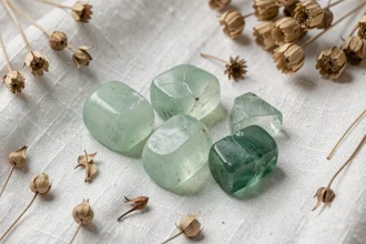 Pierres vertes claires de jade, aventurine et calcite verte disposées sur un tissu lin blanc avec des herbes séchées
