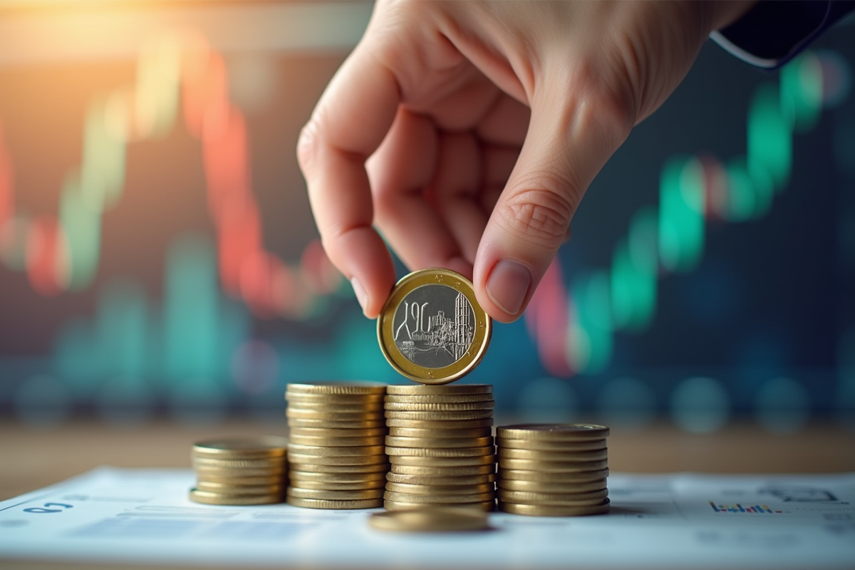 Main posant une pièce d euro sur une pile de pièces instable avec graphique en arrière-plan