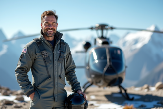 Pilote homme debout près d'un hélicoptère en montagne