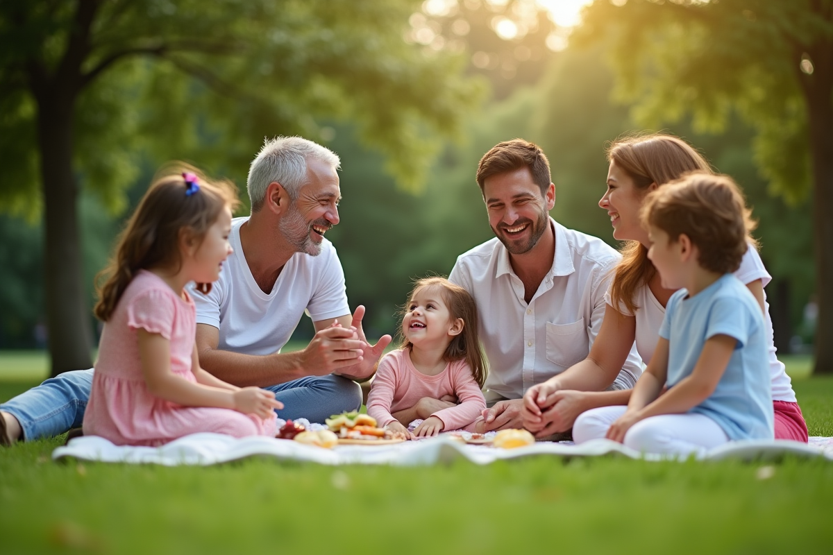 Famille melangee profite d un pique-nique dans un parc ensoleille