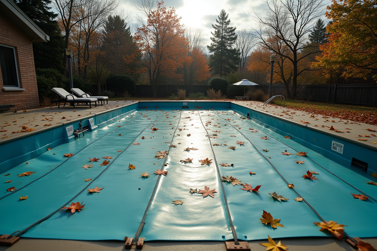 Piscine couverte en hiver avec feuilles et couverture abîmée