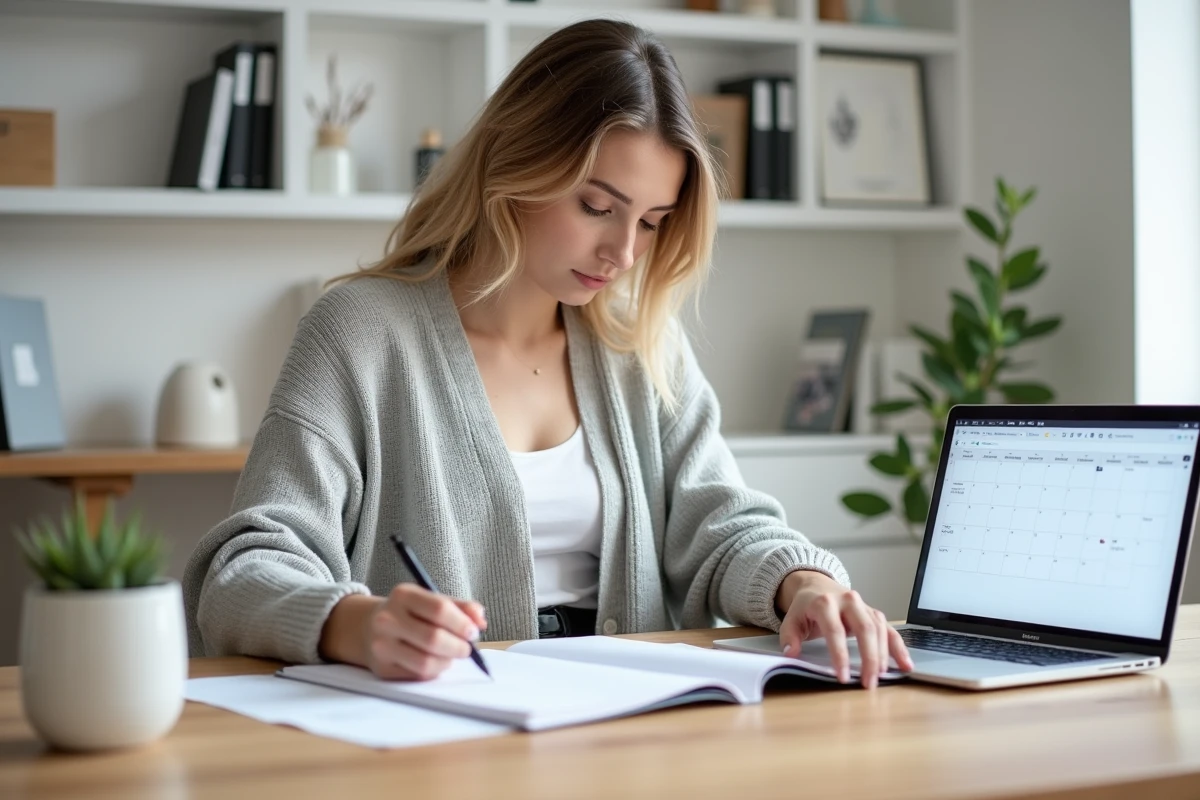 Femme organisant un planning de garde alternée avec un agenda papier et un calendrier numérique affichant les numéros de semaines