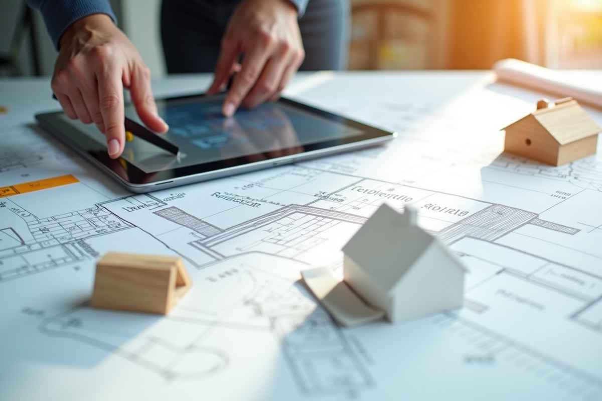 Plans architecturaux avec tablette et maquette de toit