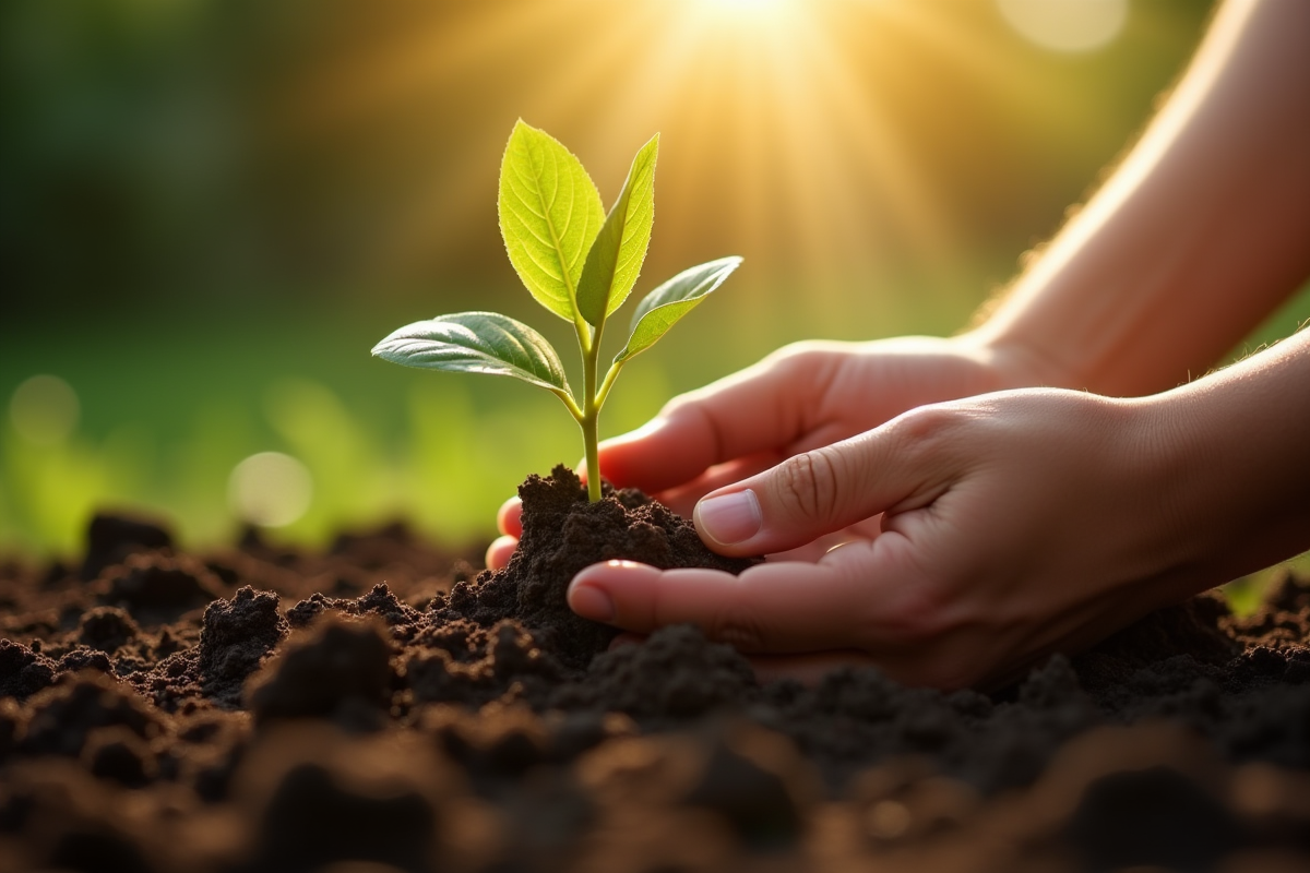 Deux mains plantant une jeune pousse dans le sol riche