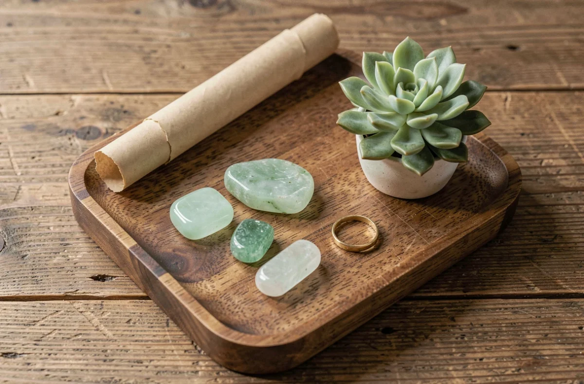 Plateau en bois avec pierres vertes claires chrysoprase et jade, plante succulente et anneau doré pour rituel d'abondance