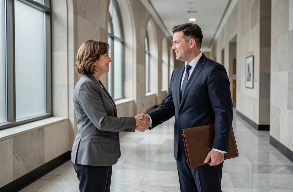 Poignée de main formelle entre une cliente et un huissier de justice dans le couloir d'un palais de justice, atmosphère professionnelle et institutionnelle