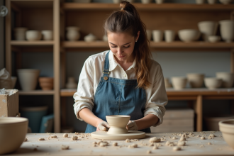 Femme façonnant de l'argile sur un tour de potier dans un atelier