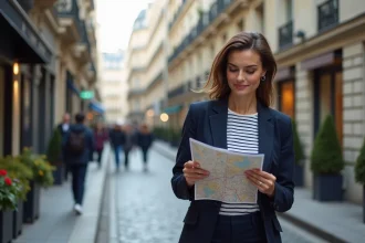 Femme parisienne bien habillée consultant une carte de Paris lors d'une première sortie dans la capitale, erreurs à éviter en visite