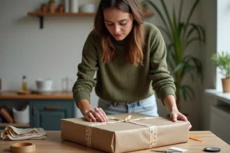 Jeune femme préparant un colis Vinted dans son appartement, entouré de matériel d'emballage sur une table en bois